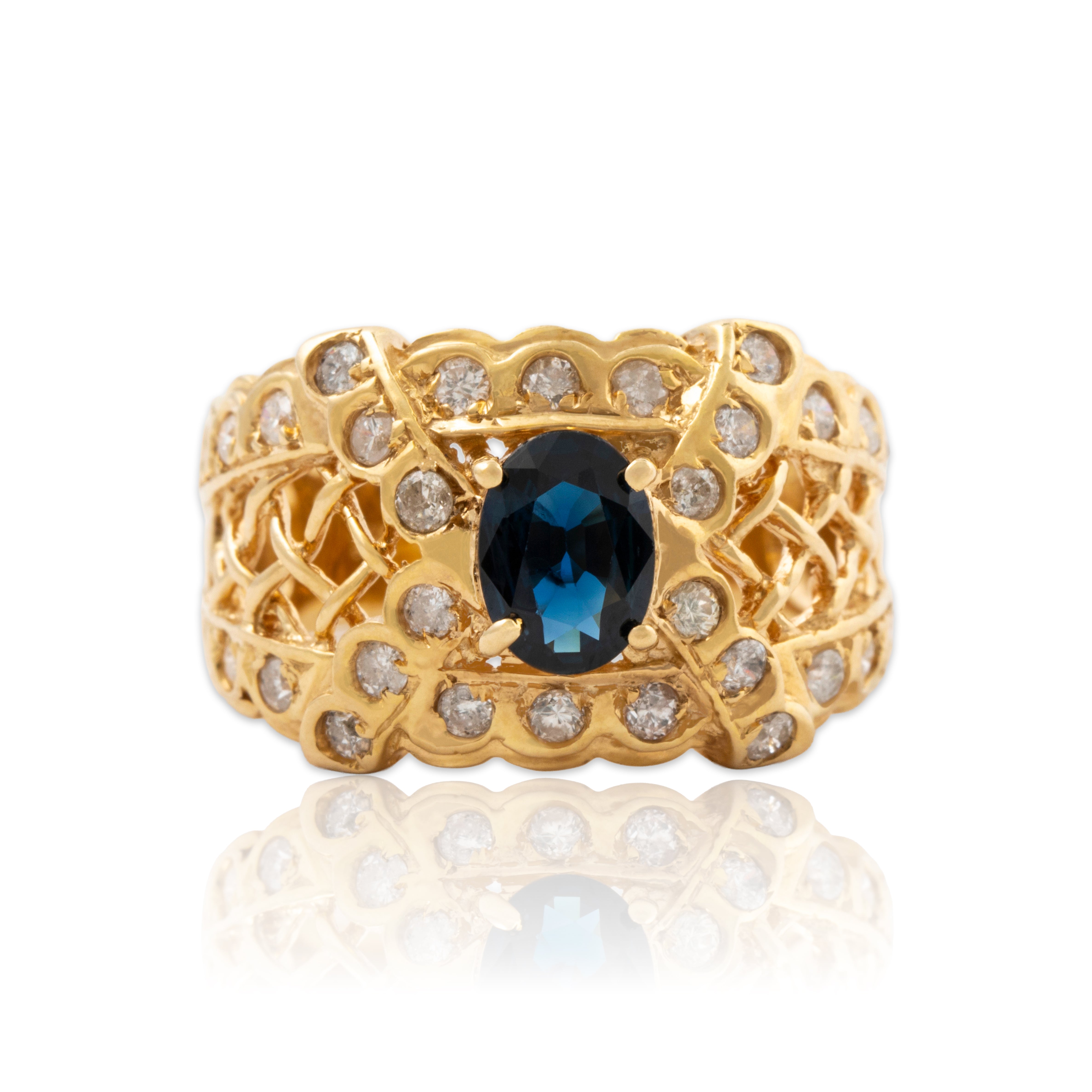 Vintage Wide 14k Yellow Gold .7ct Blue Sapphire Diamond Woven Openwork Ring 6.75、mySite、hinf8tx79
