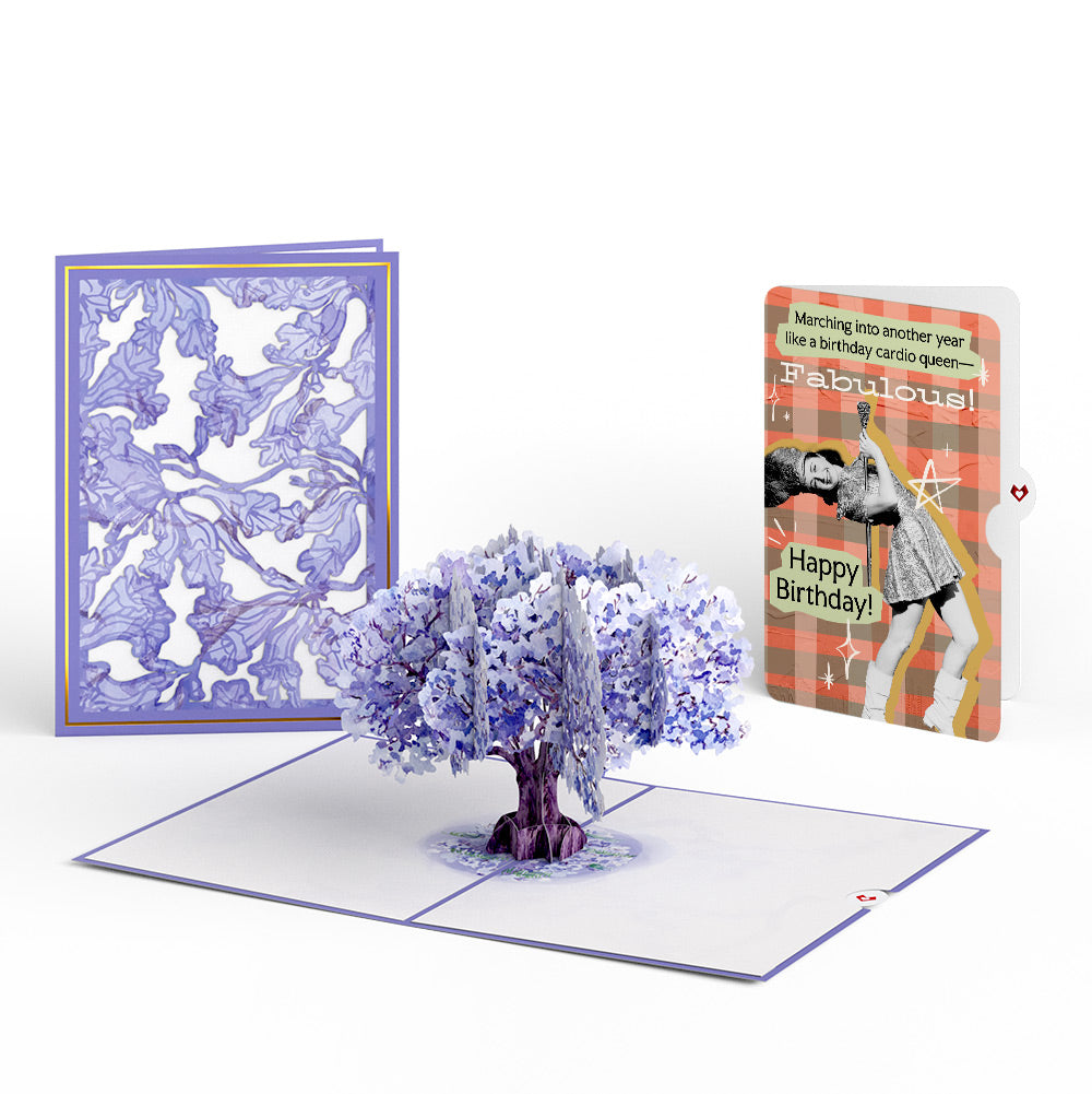 Watercolor Jacaranda Tree Birthday Pop-Up Card and Cardio Queen Sentiment Set、mySite、solidvoid