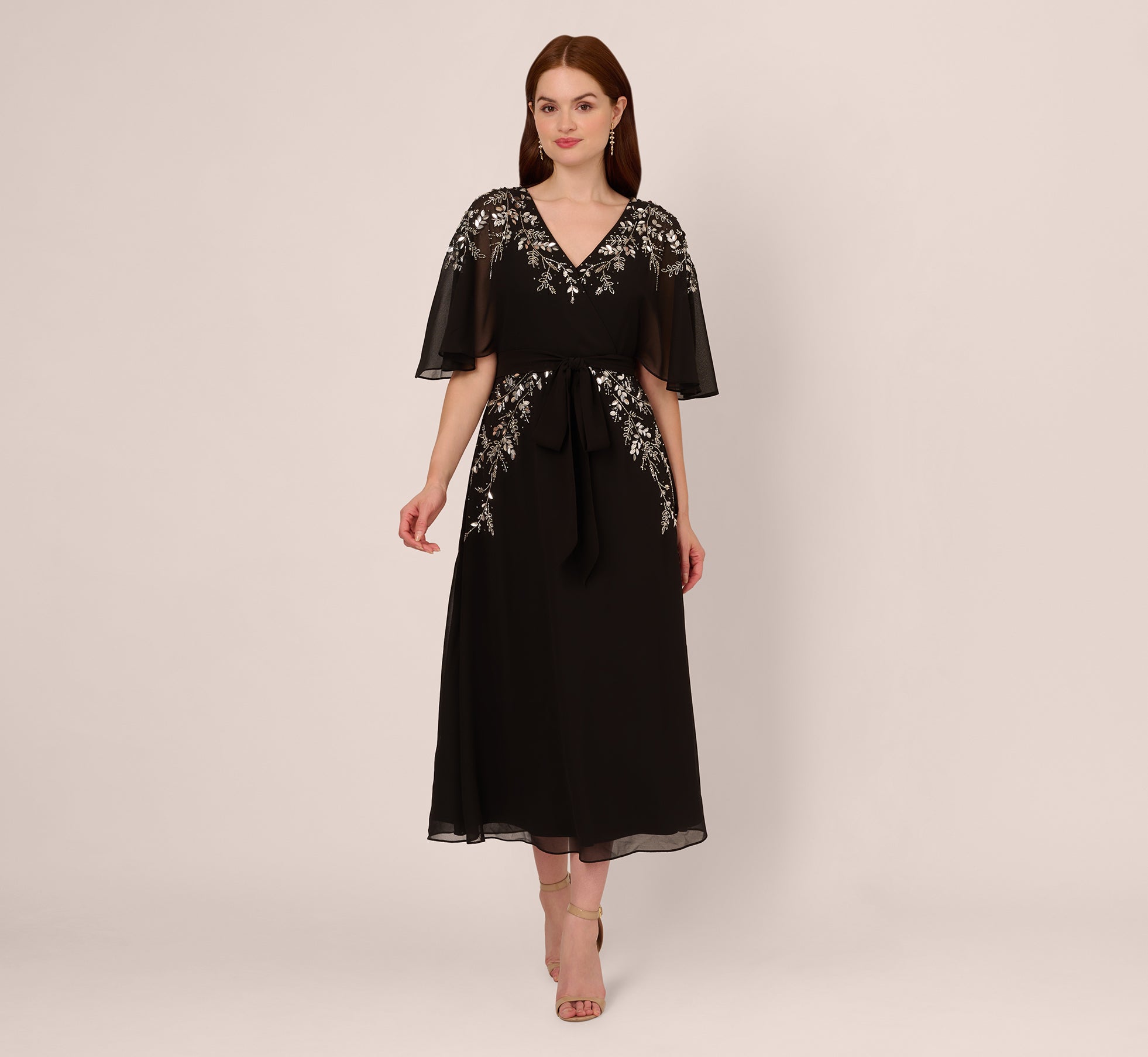 Beaded Chiffon Ankle Length Gown With Dolman Sleeves In Black、mySite、solidvoid
