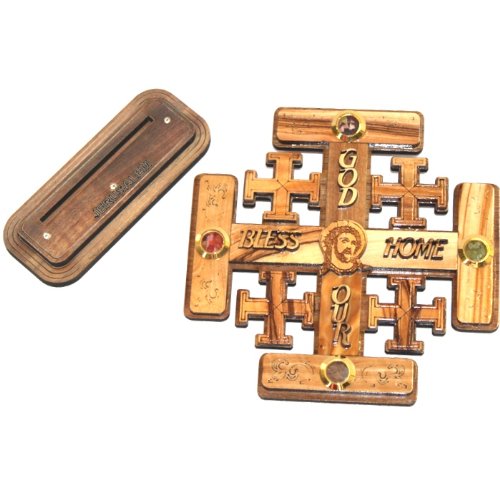  Jerusalem Cross Olive Wood Cross Carved by Laser with Holy Land Samples - Standing or Hanging (14 cm or 5.5 inches)、mySite、elrpsem3k