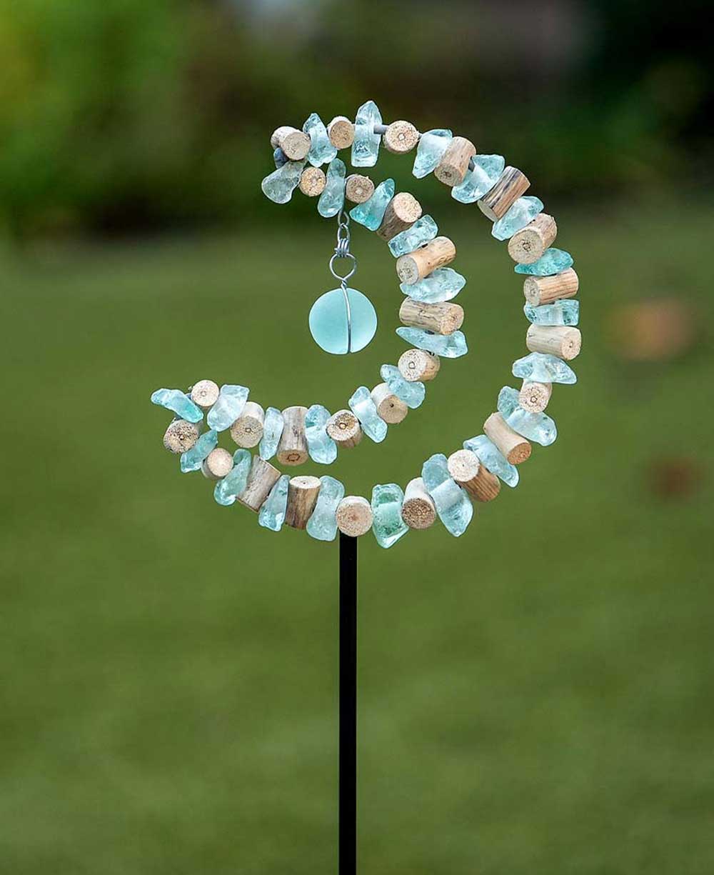 Driftwood & Aqua Glass Crescent Zen Garden Stake、mySite、topwebapps