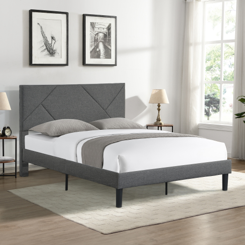 King Size Upholstered Platform Bed Frame with Button Tufted Linen Fabric Headboard, No Box Spring Needed, Wood Slat Support, Easy Assembly, Gray、、casual