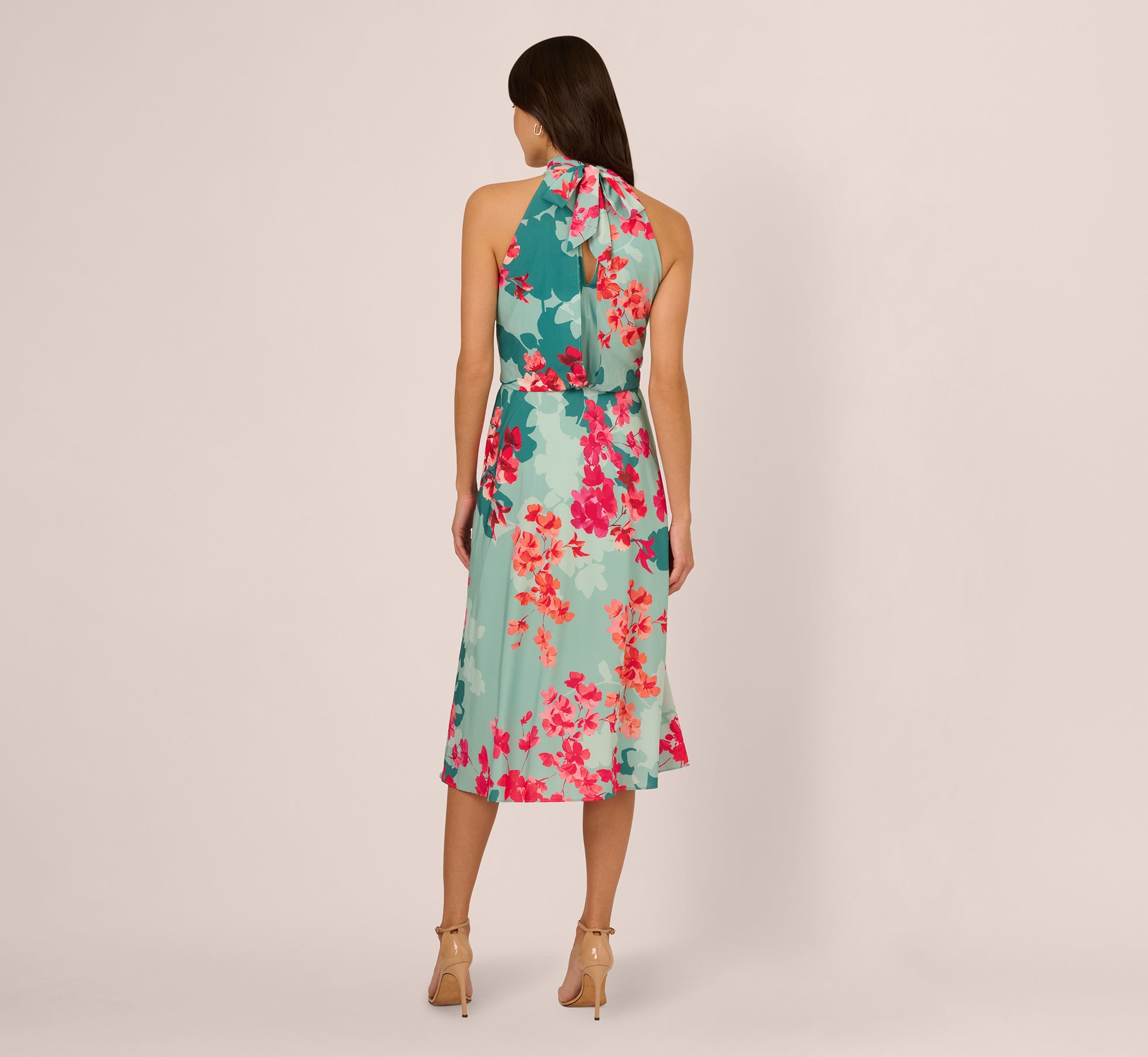 Floral Chiffon Midi Halter Dress In Turquoise Multi、mySite、solidvoid