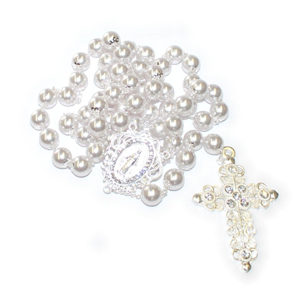  Bridal Silver Pearl Rosary - 14mm Pearl beads Rosary with Silver chain, Cross & Center. Glass beads are used in this Jewelry、mySite、elrpsem3k