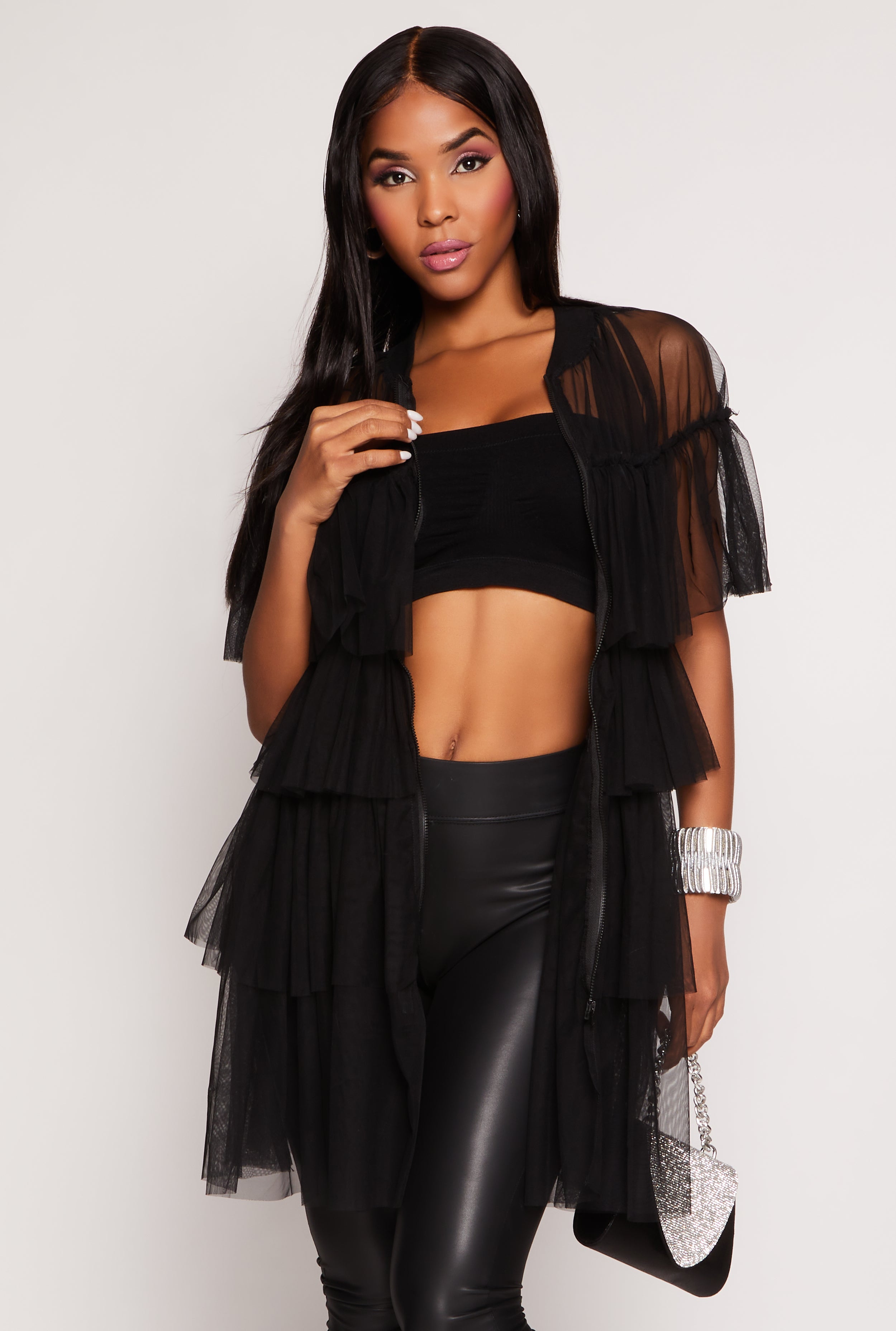 Mesh Tiered Zip Front Blouse、mySite、camillekostekn