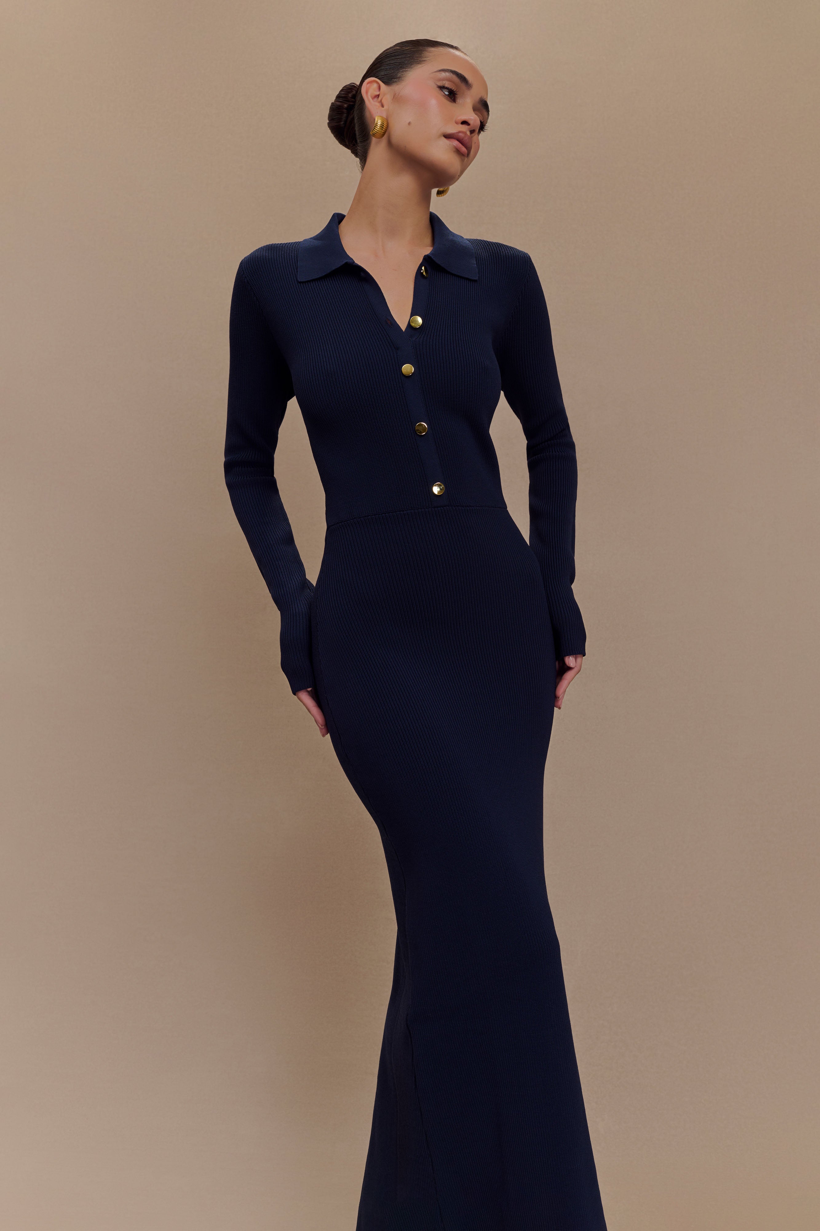 Abbey Buttoned Knit Midi Dress - Navy、mySite、solidvoid