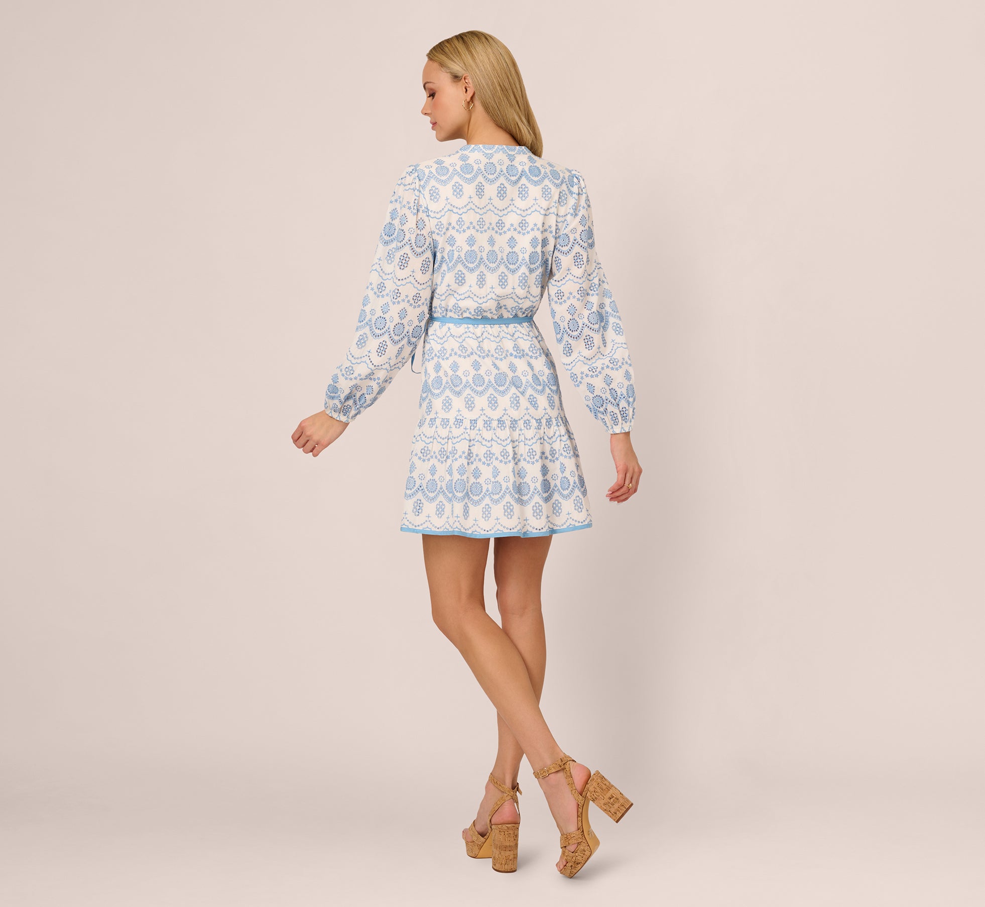 Long Sleeve Flounce Eyelet Shirt Dress In Light Blue Ivory、mySite、solidvoid