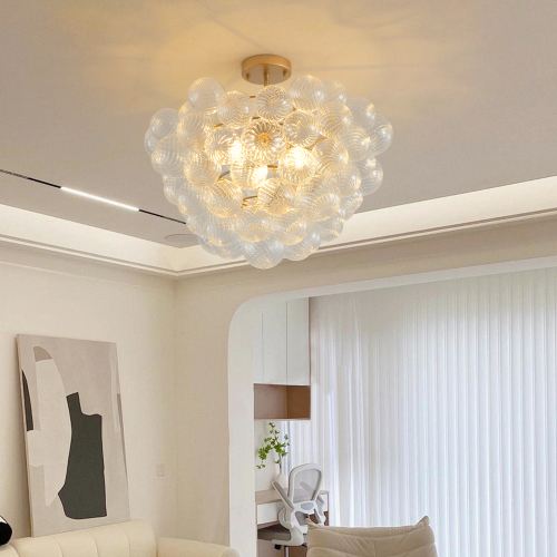 27.5-Inch Gold Pendant Light Chandelier with Threaded Clear Glass Globe Shade – Adjustable Height, Ideal for Living Room, Dining Room, Kitchen (No Bulbs)、、eastwooduniform