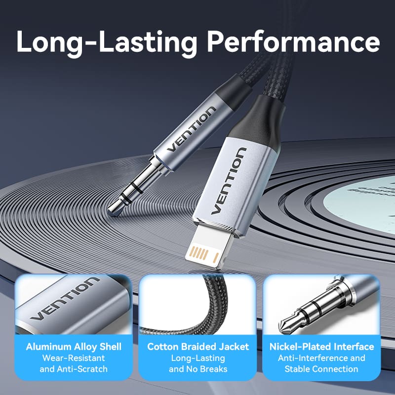 Vention Cotton Braided Lightning Male to 3.5MM Male Cable Aluminum Alloy Type、mySite、fannypackpong
