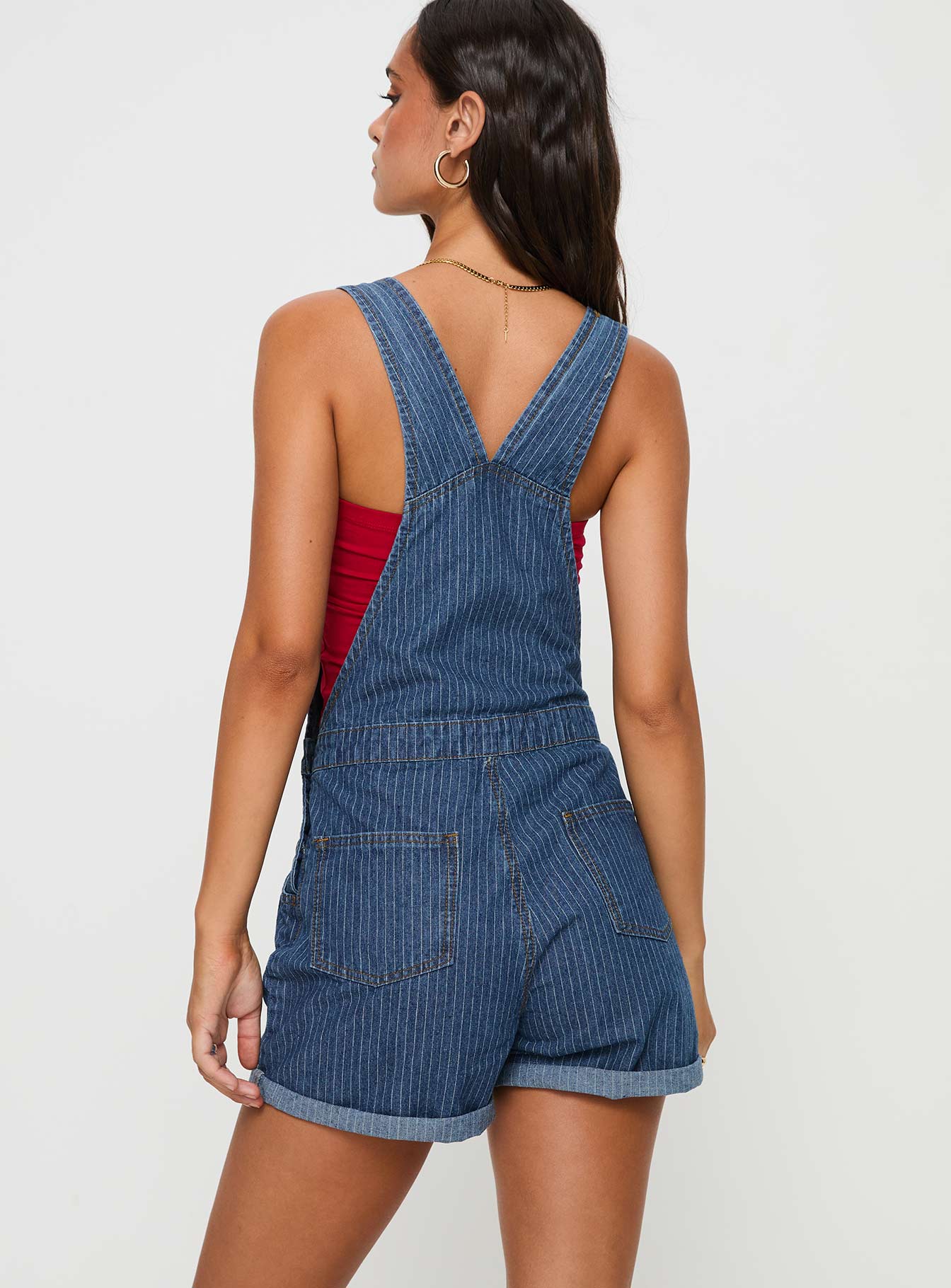 Kacey Short Overalls Mid Blue Pinstripe、mySite、solidvoid