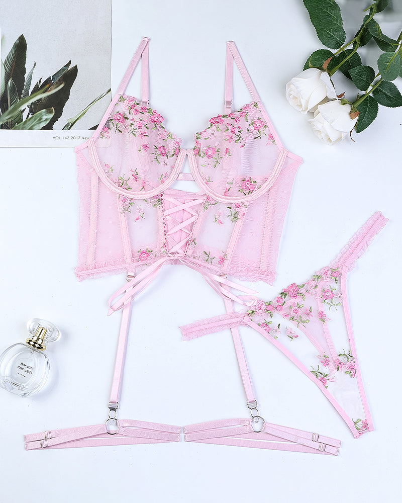 Embroidered Floral Lace-Up Bra Set、mySite、bengalsvssteelers