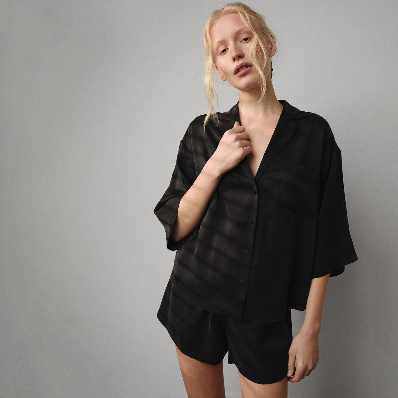 Washable Silk Relaxed Button Up Short Set、mySite、bengalsvssteelers