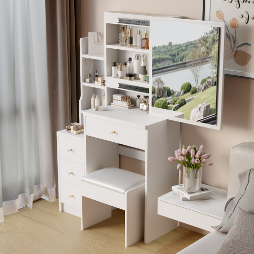 29.2" Small Size Left Bedside Cabinet Vanity Table + Cushioned Stool, Large Sliding, Touch Control, Tri-color Switching, Brightness Adjust LED Mirror, High Capacity Storage, Suitable for Small Space、、xpatfood
