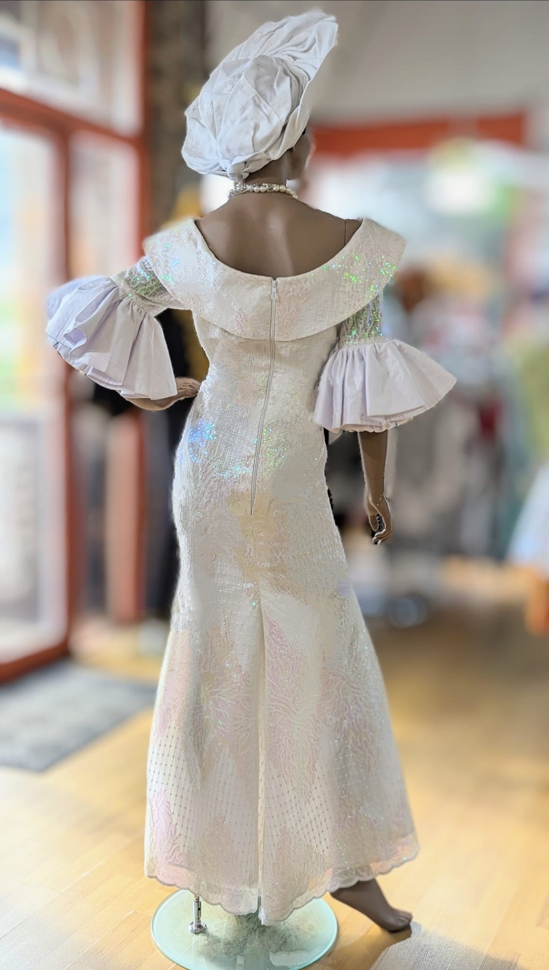 Lovelene exquisite White African Sequin Lace Maxi Dress with Taffeta below elbow flare sleeves-DPXALWS4、mySite、solidvoid