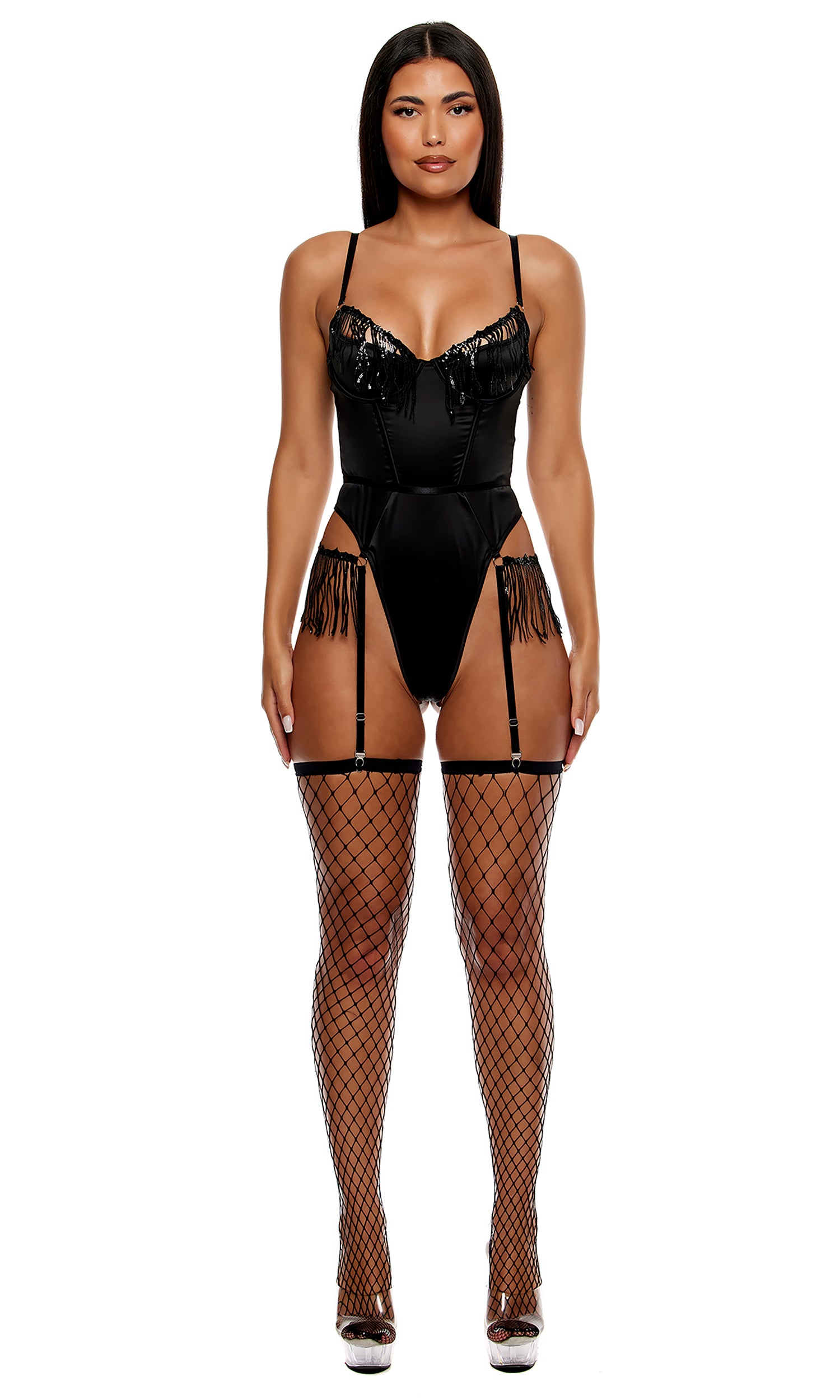 Peep Show Sequin Fringe Teddy - Black、mySite、bengalsvssteelers