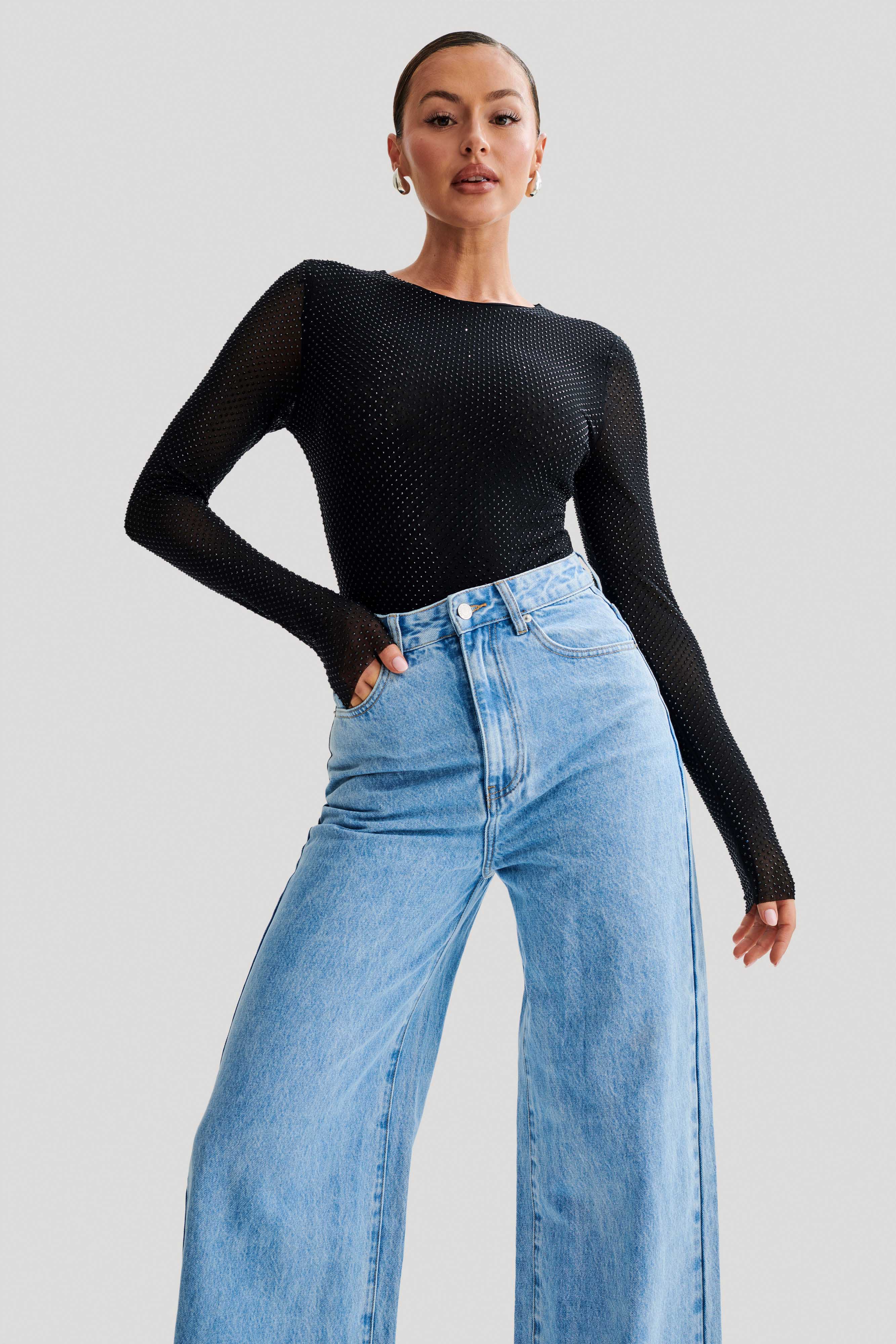 Selma Long Sleeve Diamante Bodysuit - Black/Black、mySite、solidvoid