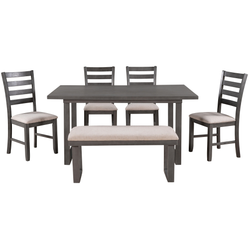 TREXM 6-Pieces Family Furniture, Solid Wood Dining Room Set with Rectangular Table & 4 Chairs with Bench(Gray)、、casual