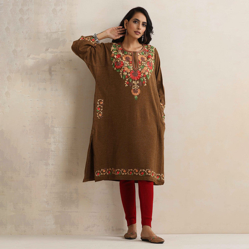Woolen Kurta For Women | Floral Embroidered | Brown、mySite、camillekostekn