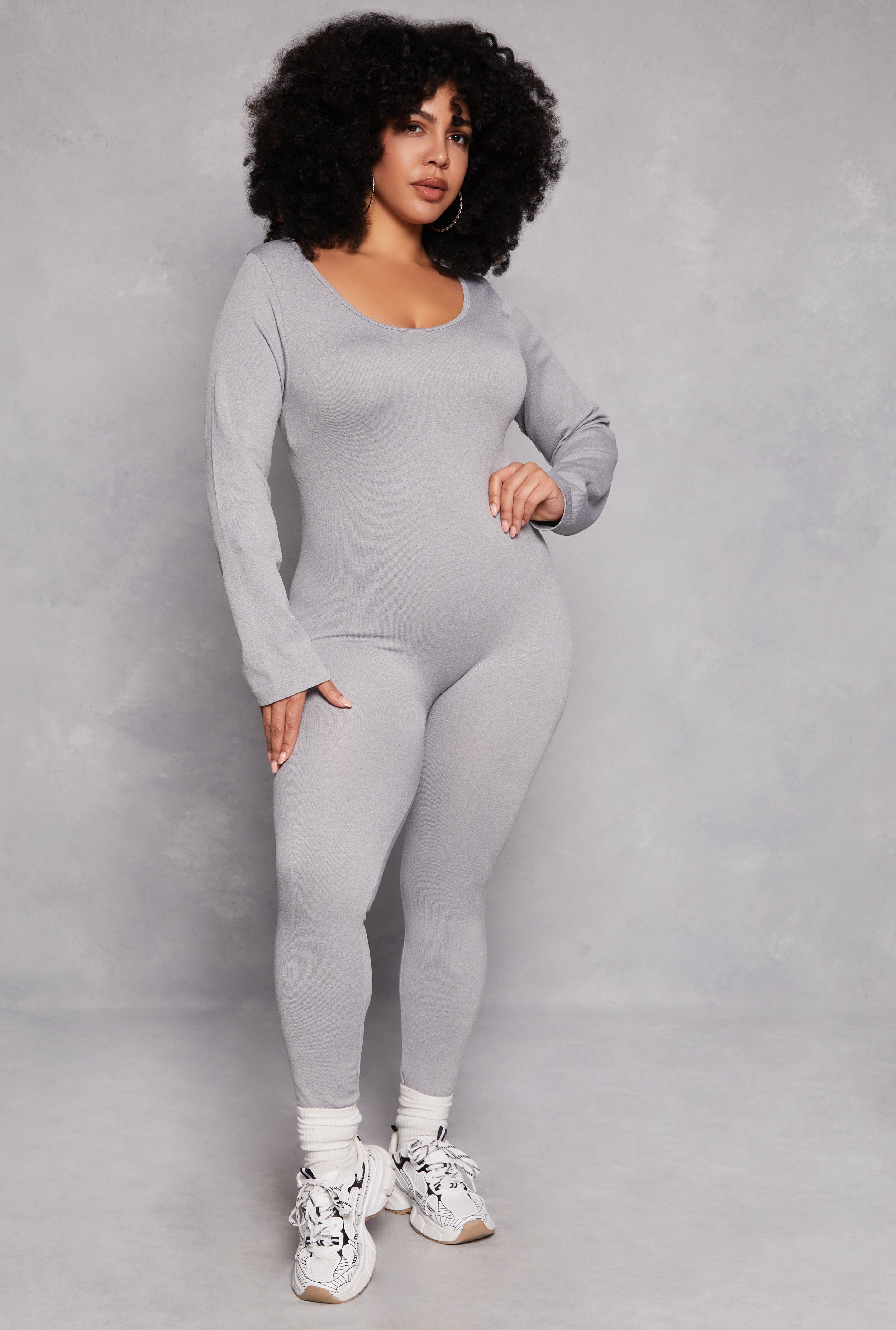 Plus Size Ribbed Knit Long Sleeve Catsuit、mySite、camillekostekn