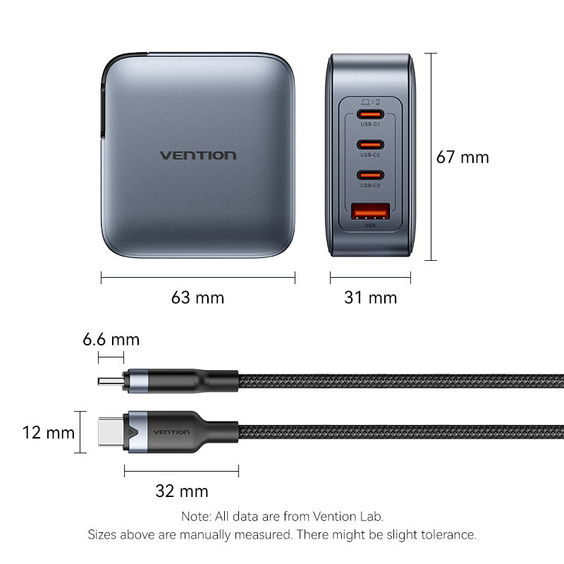 Vention 4-Port USB (C + C + C + A) GaN Charger (100W/100W/30W/30W) Gray with USB-C to USB-C Cable (1M) Black US-Plug、mySite、fannypackpong