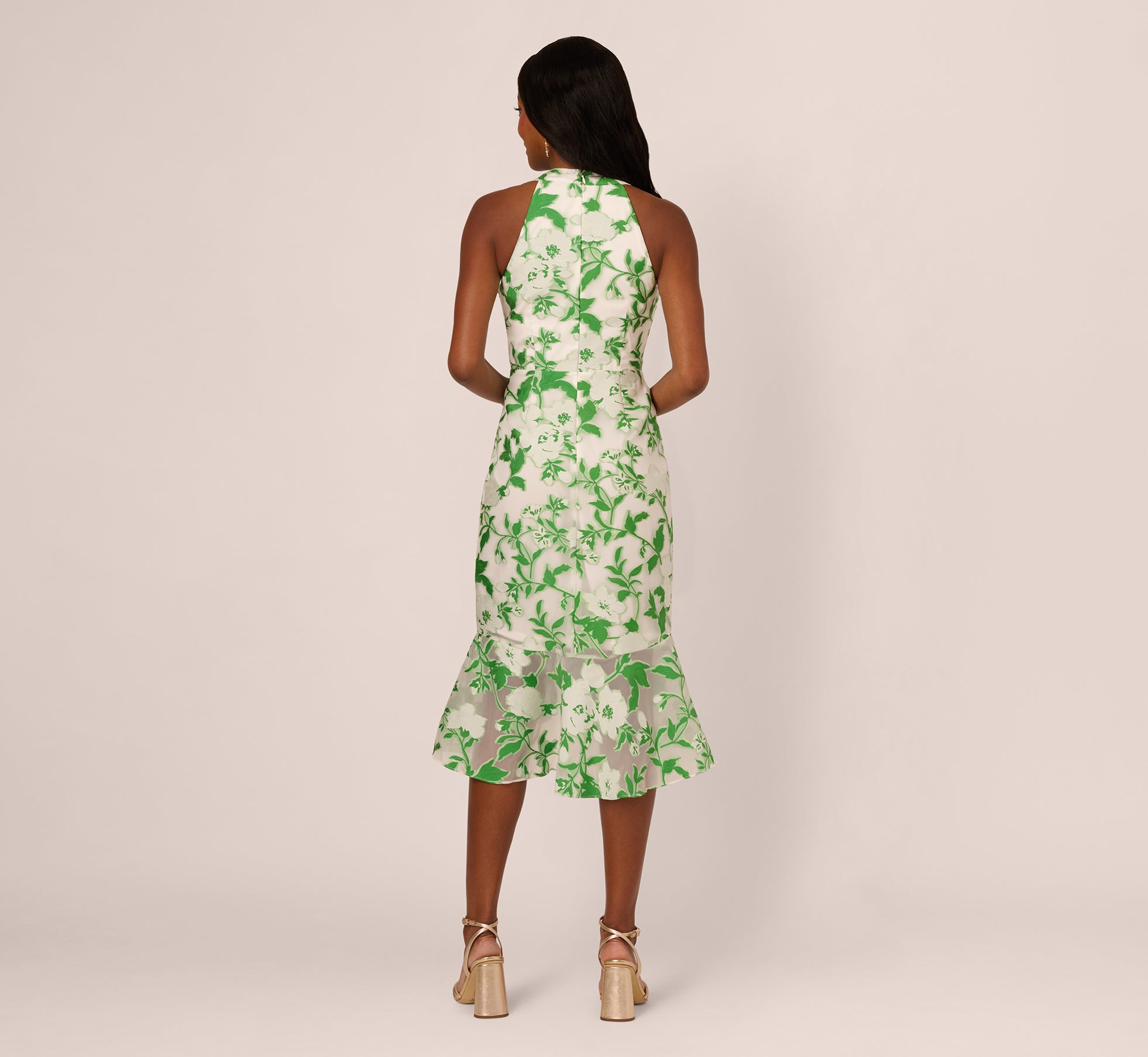 Sleeveless Organza Jacquard Mermaid Midi Dress In Green Ivory、mySite、solidvoid