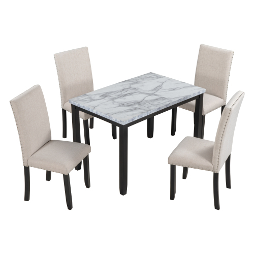 TREXM Faux Marble 5-Piece Dining Set Table with 4 Thicken Cushion Dining Chairs Home Furniture, White/Beige+Black、、casual