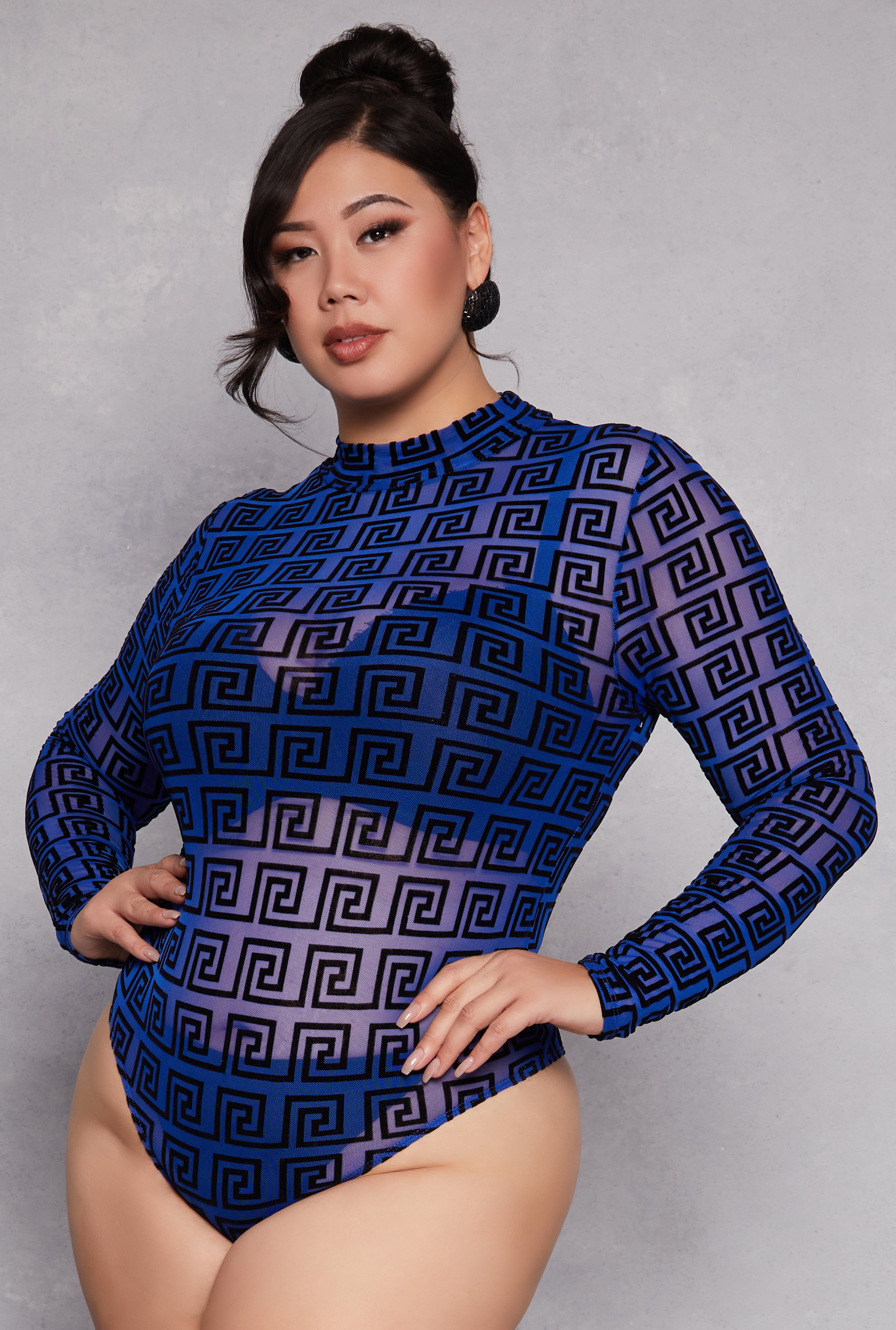 Plus Size Mesh Velvet Burnout Greek Key Bodysuit、mySite、camillekostekn