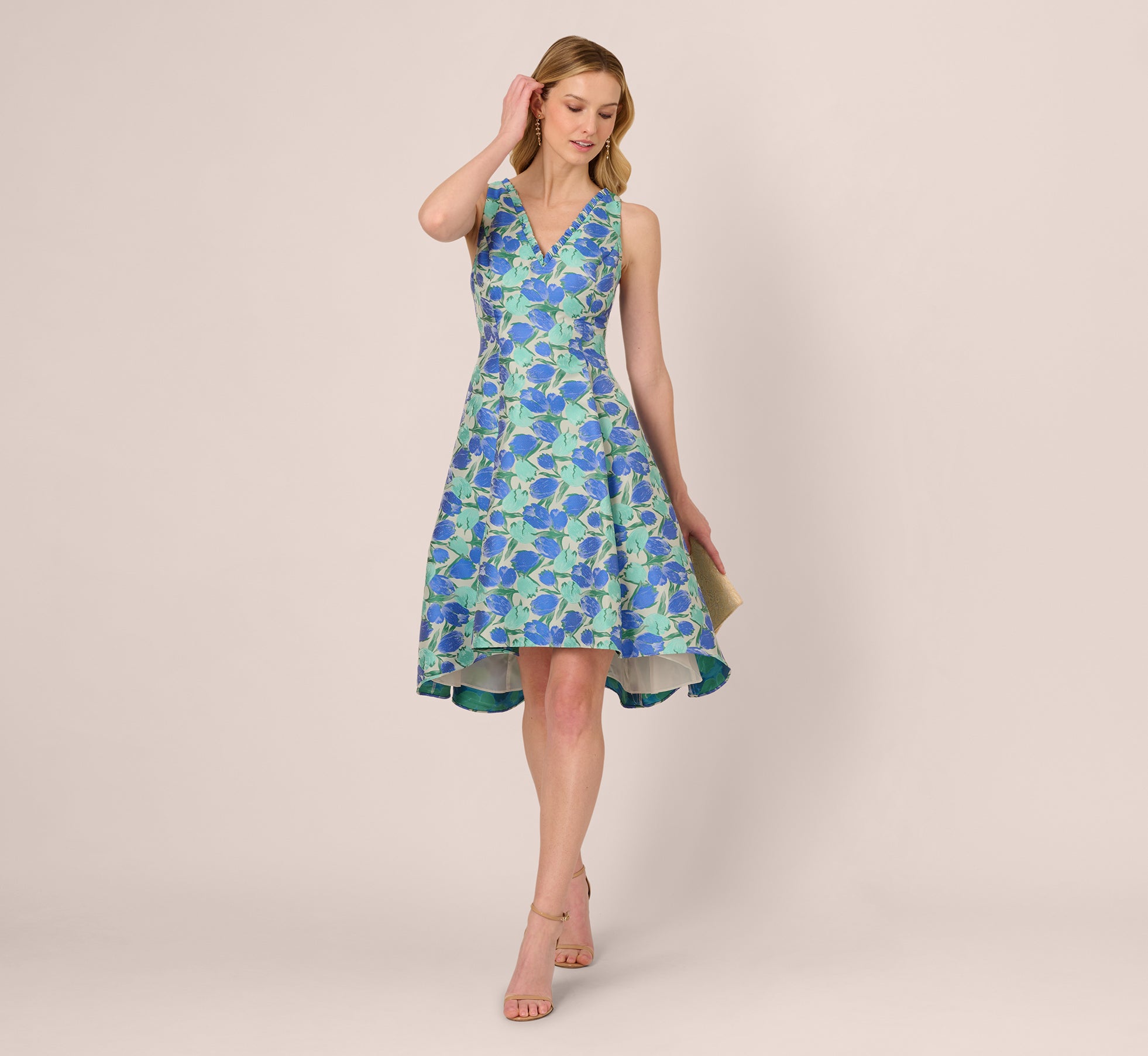 Sleeveless Tulip Jacquard Fit And Flare Midi Dress In Blue Green Multi、mySite、solidvoid