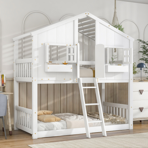 Twin over Twin House Bunk Bed with Roof , Window, Window Box, Door , with Safety Guardrails and Ladder,White、、casual