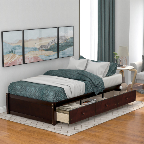Orisfur. Twin Size Platform Storage Bed with 3 Drawers、、casual