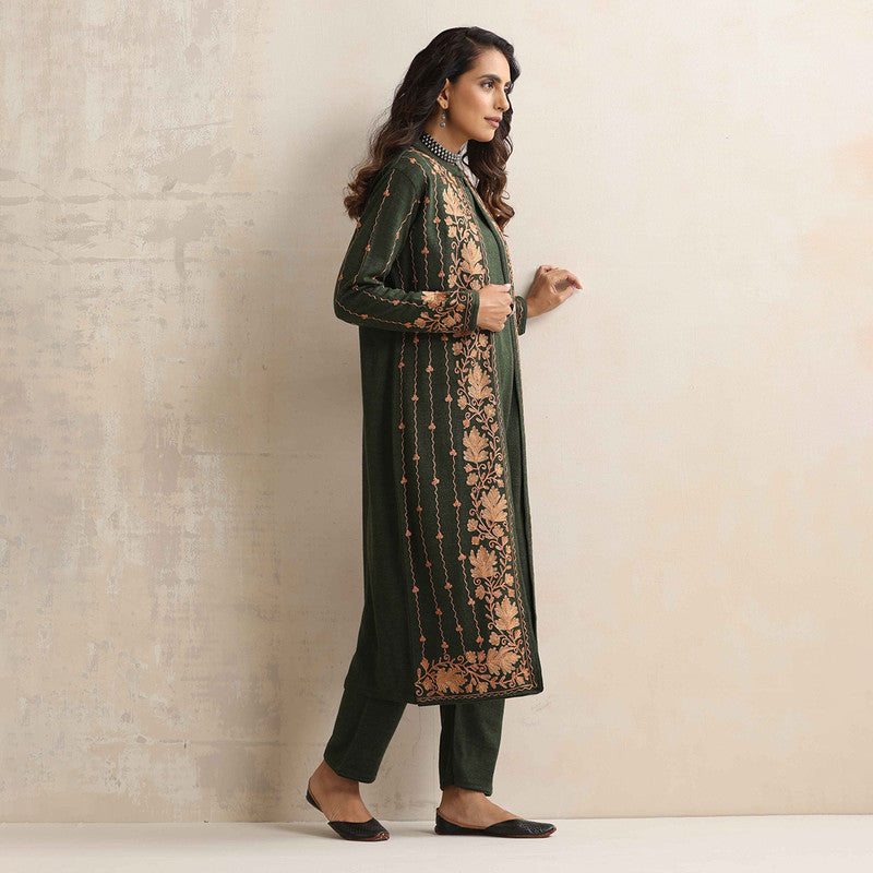 Woolen Kurta Set For Women | Kurta, Pyjama & Jacket | Embroidered | Green、mySite、camillekostekn
