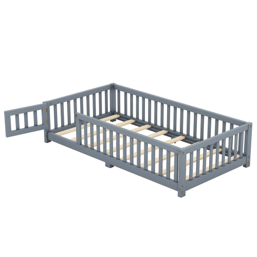 Twin Size Bed Floor Bed with Safety Guardrails and Door for Kids, Natural(Old SKU: W158090686)、、casual