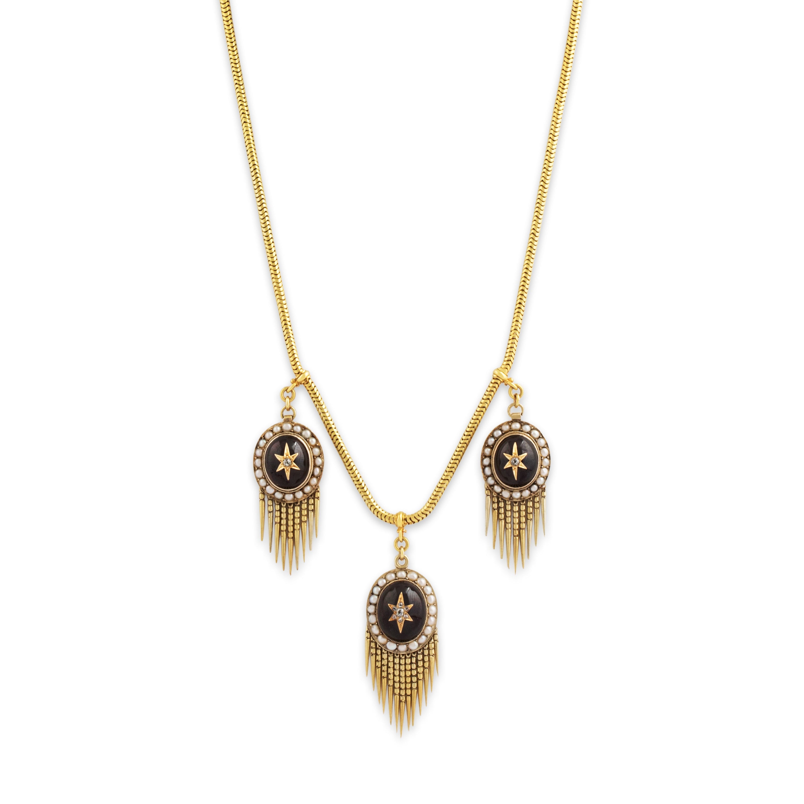 Antique 14k Yellow Gold Garnet Old Mine Diamond Pearl Superb Fringe Necklace 19、mySite、hinf8tx79