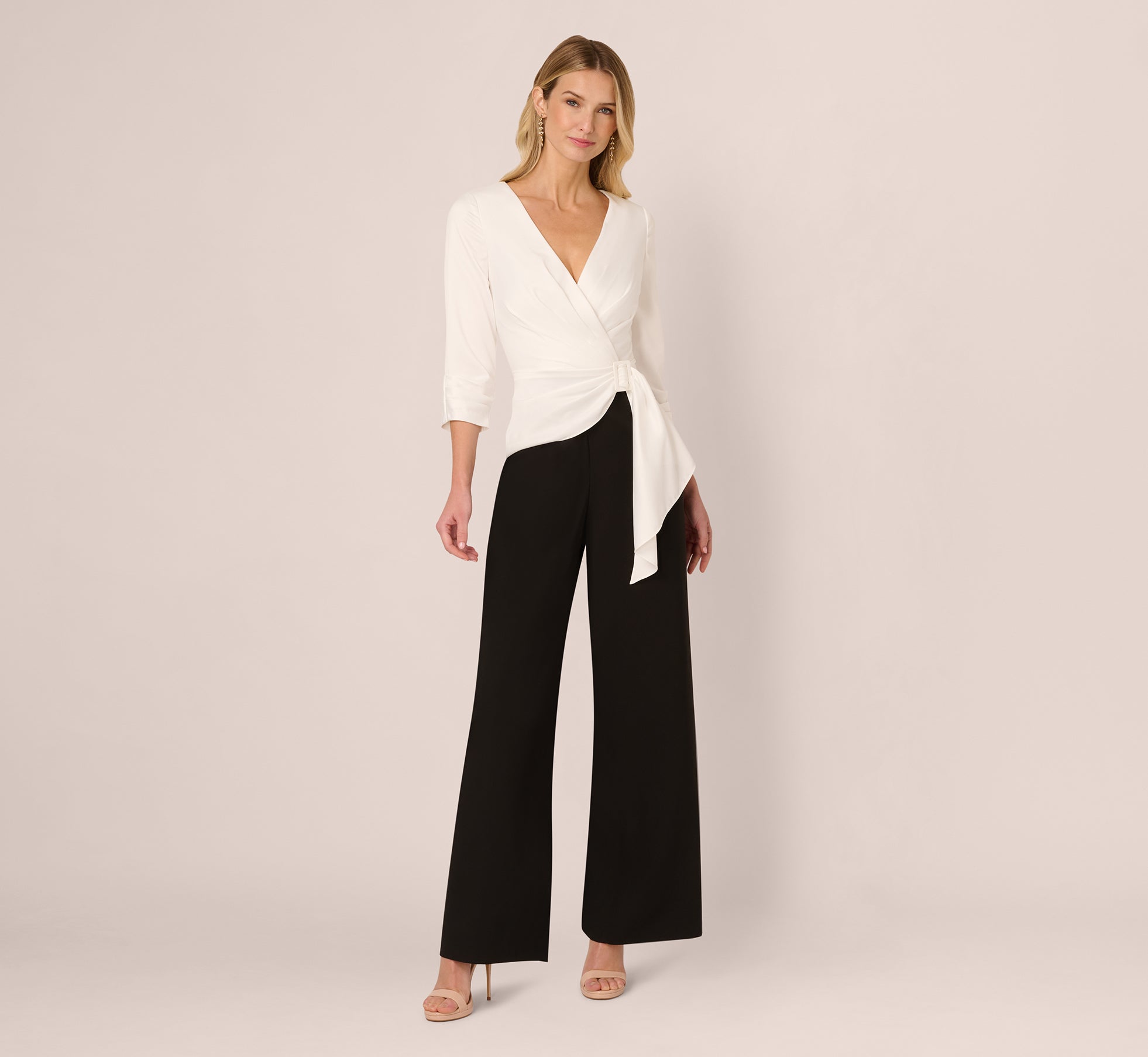 Three Quarter Sleeve Draped Combo Jumpsuit In Ivory Black、mySite、solidvoid