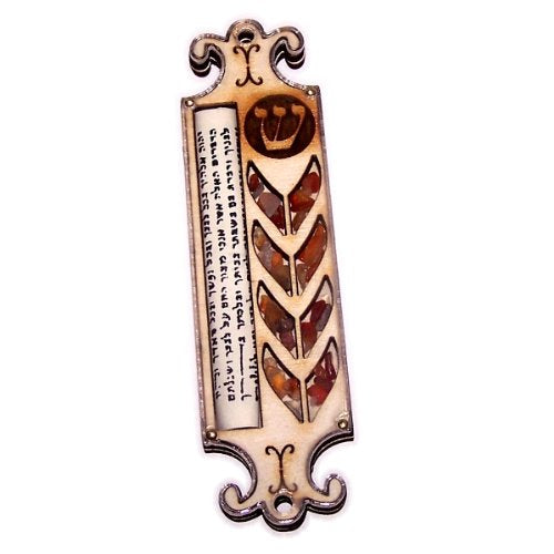  Star of David Mezuzah with Israel Gemstones - 3 Layers Wooden Mezuzah (12.5cm or 5 inches)、mySite、elrpsem3k