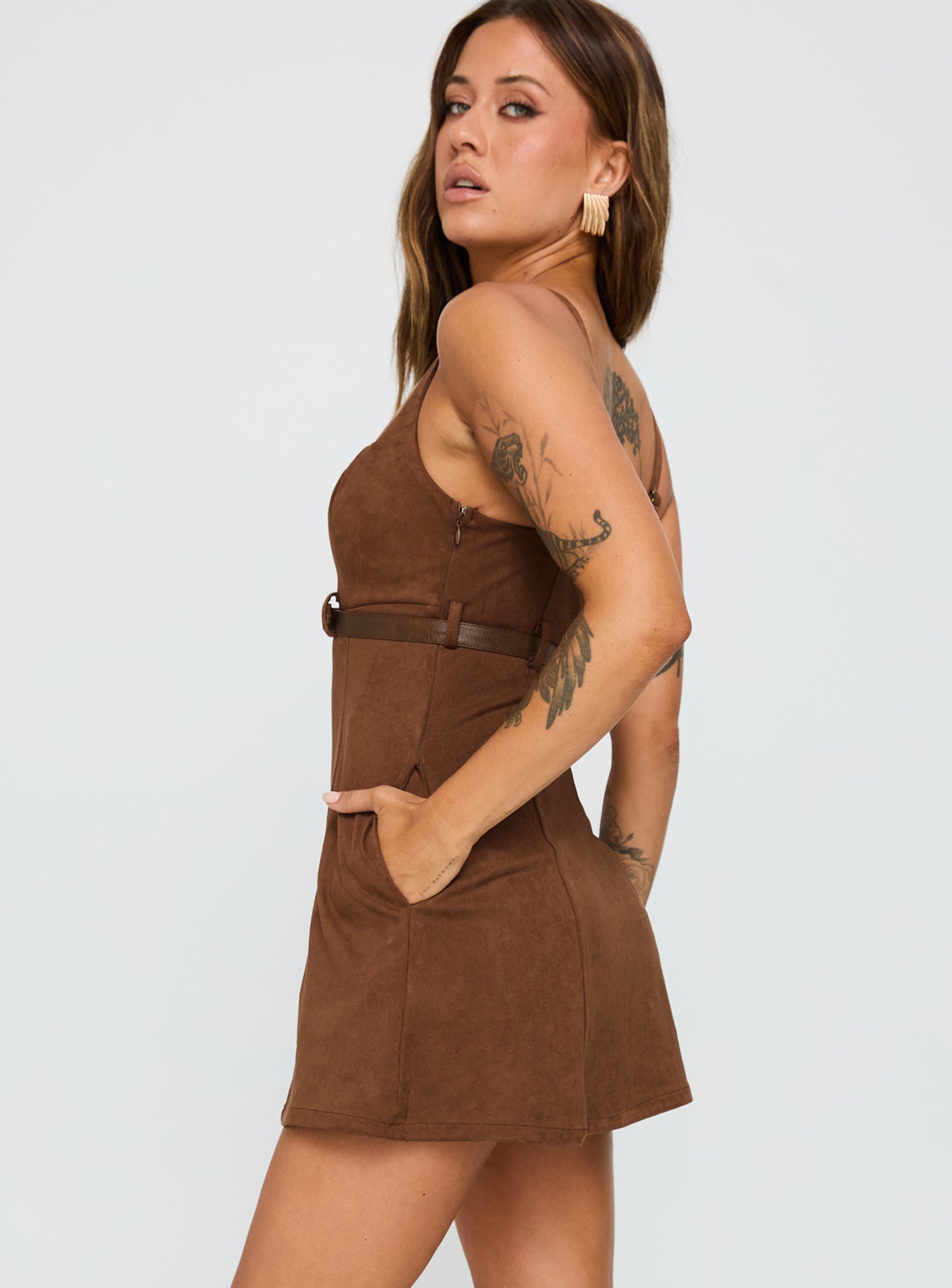 Way Back In Faux Suede Mini Dress Brown、mySite、solidvoid