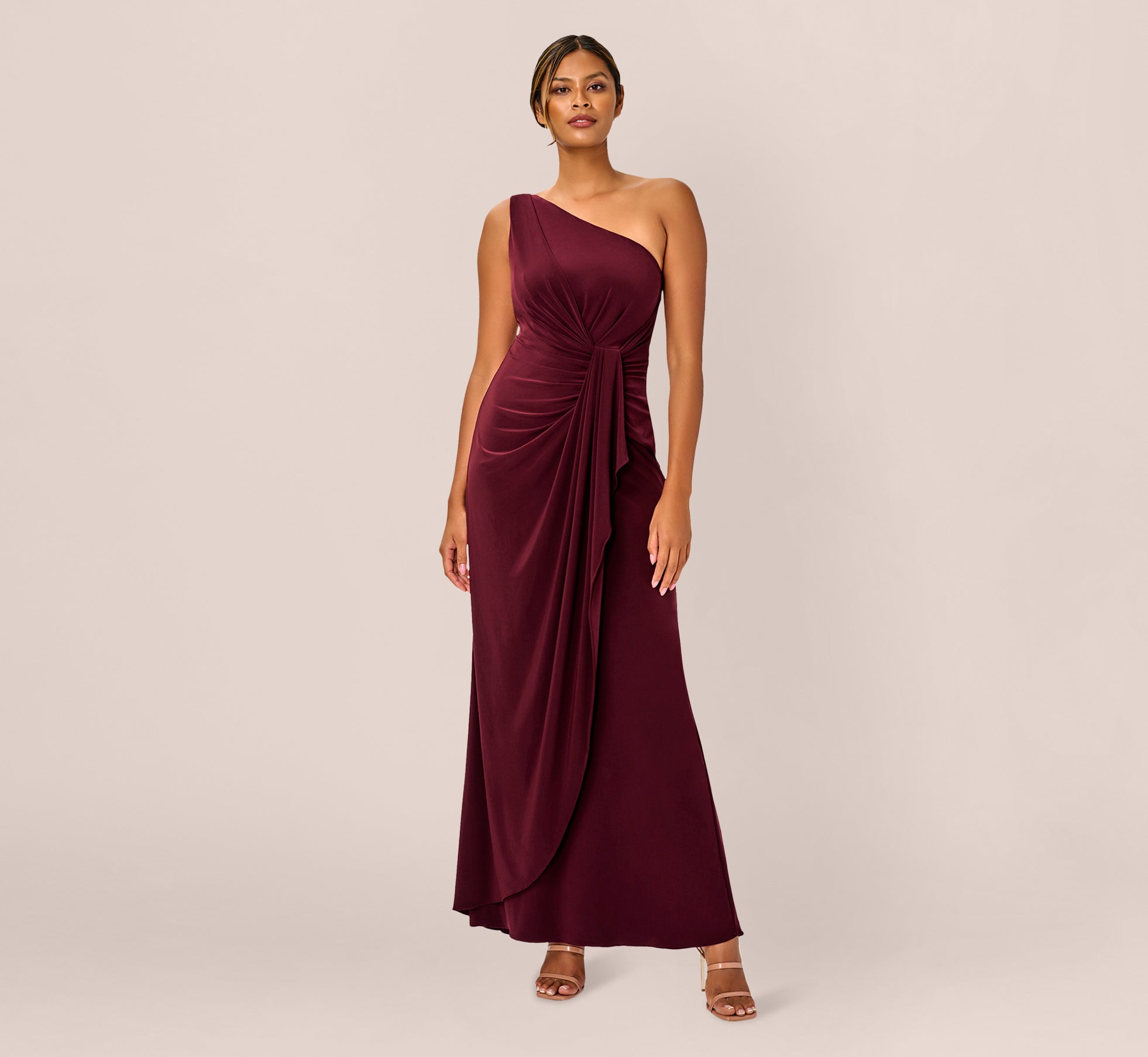 One Shoulder Dress With Draped Waist Detail In Red Wine、mySite、solidvoid