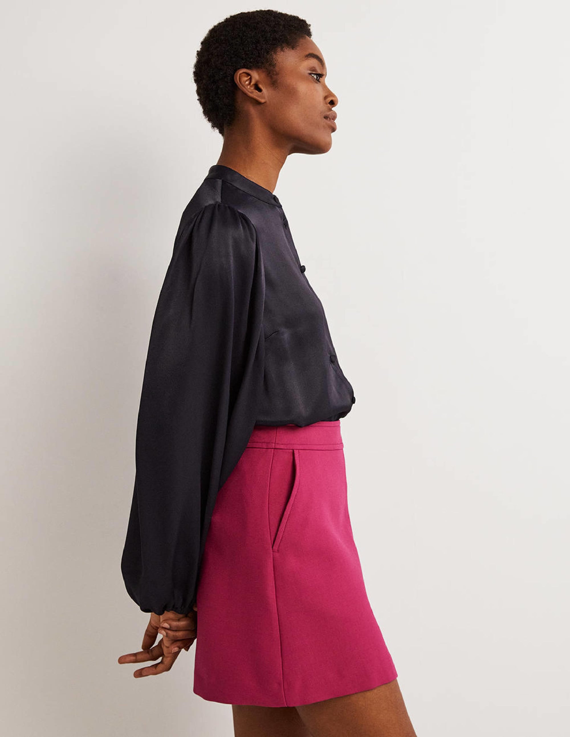  Blouson Sleeve Satin Shirt-Navy、mySite、ashleygrahame