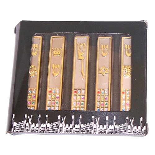  A Set of 5 Silver and Gold plated Mezuzahs with different enameled themes. Each is about 3.5 Inches and comes with The priestly breastplate、mySite、elrpsem3k