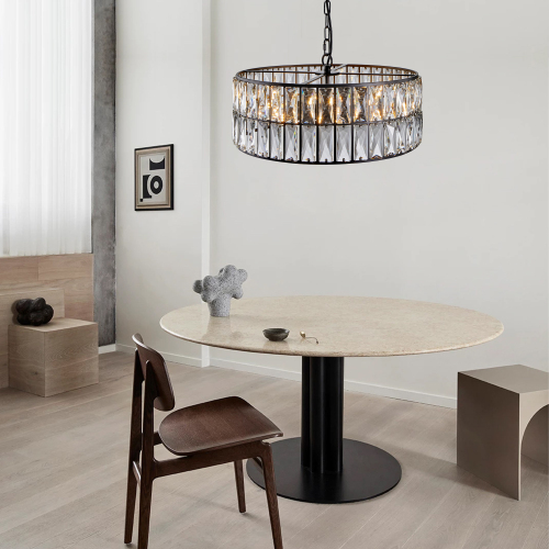 18" Black Modern Crystal Drum Chandelier, 6-Light Pendant Lighting Fixture with Metal Frame for Living Room, Dining Room, and Bedroom (Bulbs Not Included)、、eastwooduniform