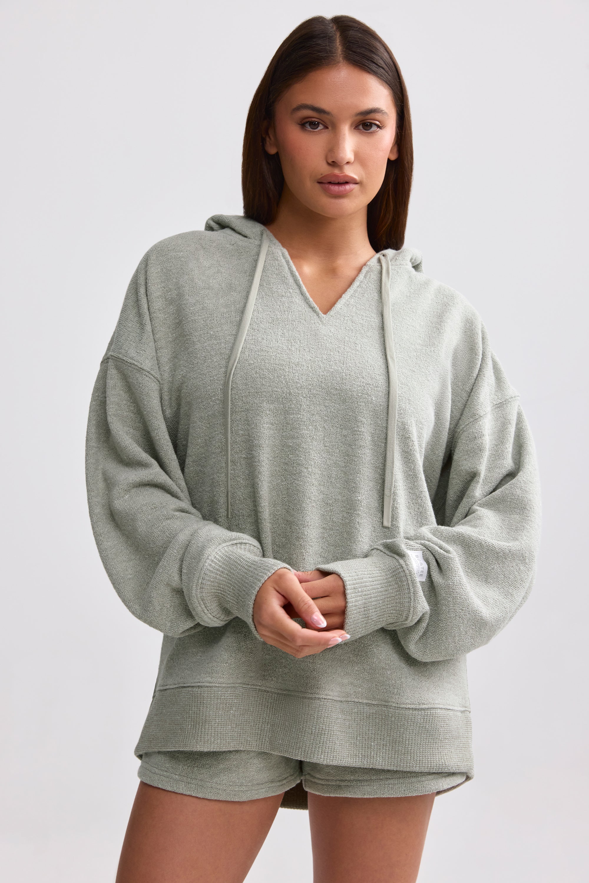 Terry Towelling V-Neck Hoodie in Sage Grey、mySite、solidvoid