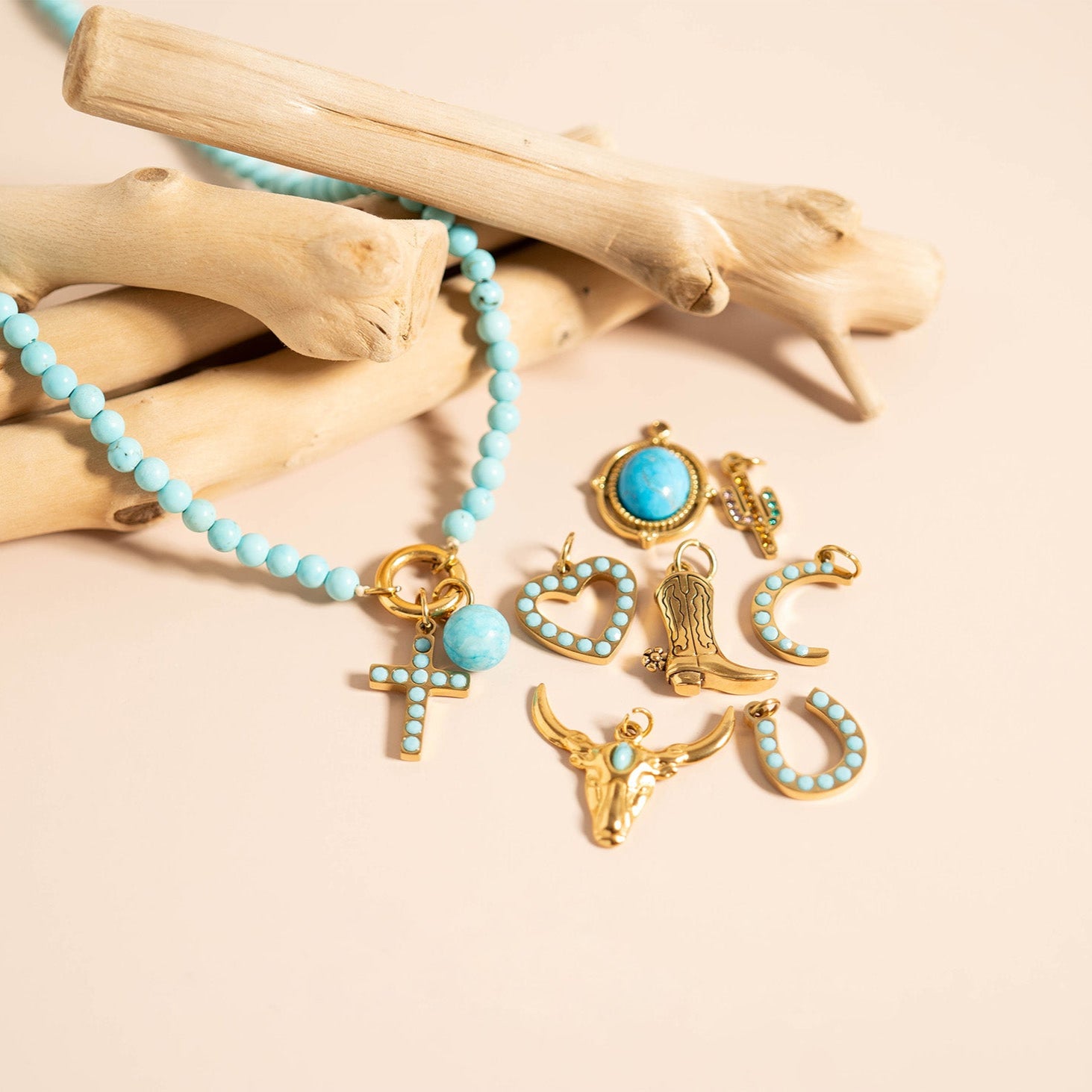 18K Gold PVD Stainless Steel Turquoise Stone Moon Charm / PDL0229、mySite、dreamappss