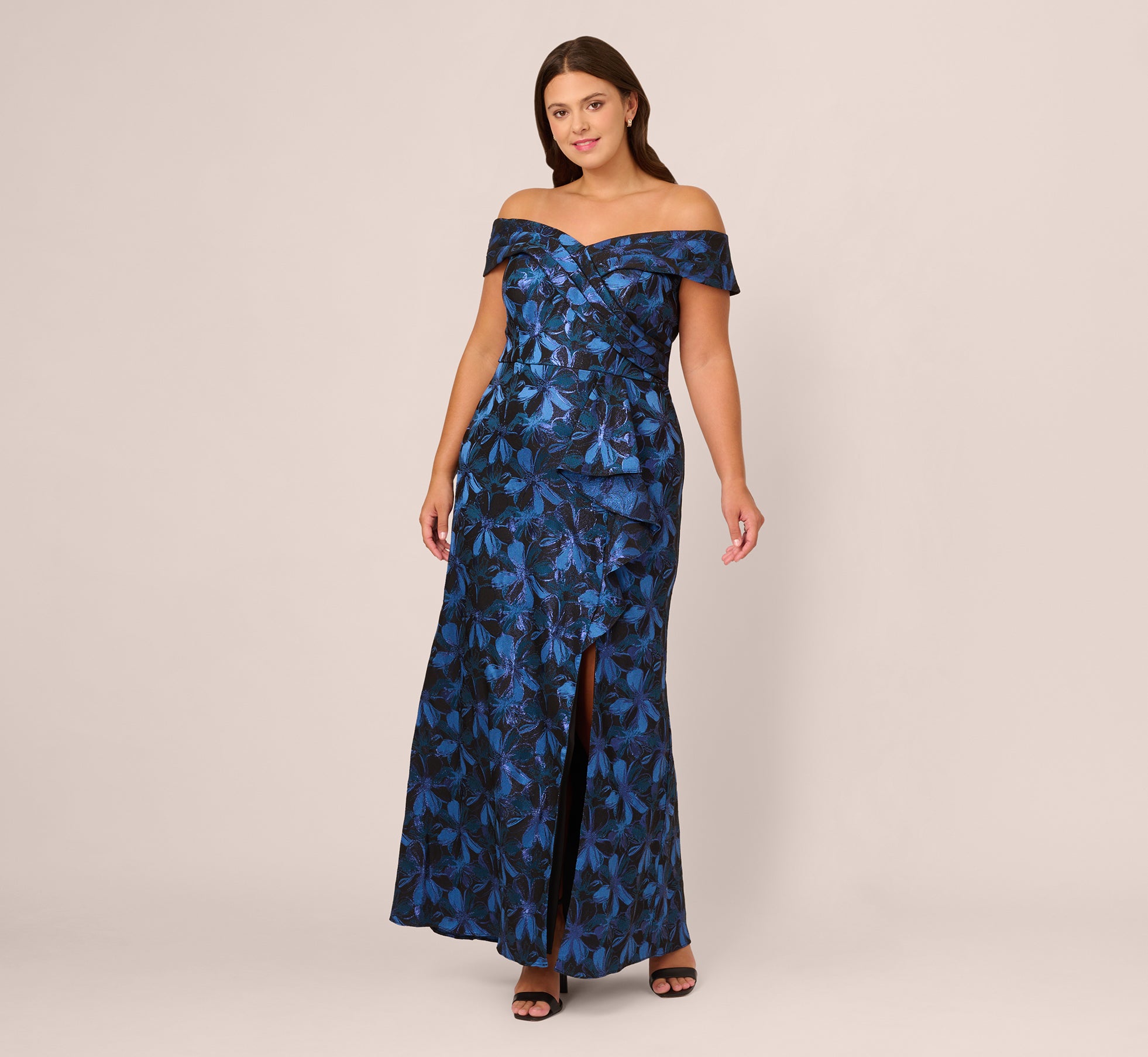 Plus Size Off Shoulder Jacquard Gown In Blue Multi、mySite、solidvoid