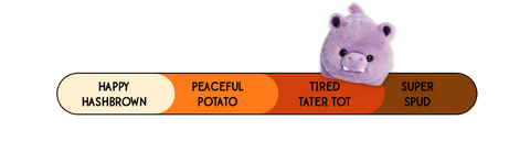 A Spudsters hippo plush by Aurora that is placed at tired tater tot on the spud-o-meter