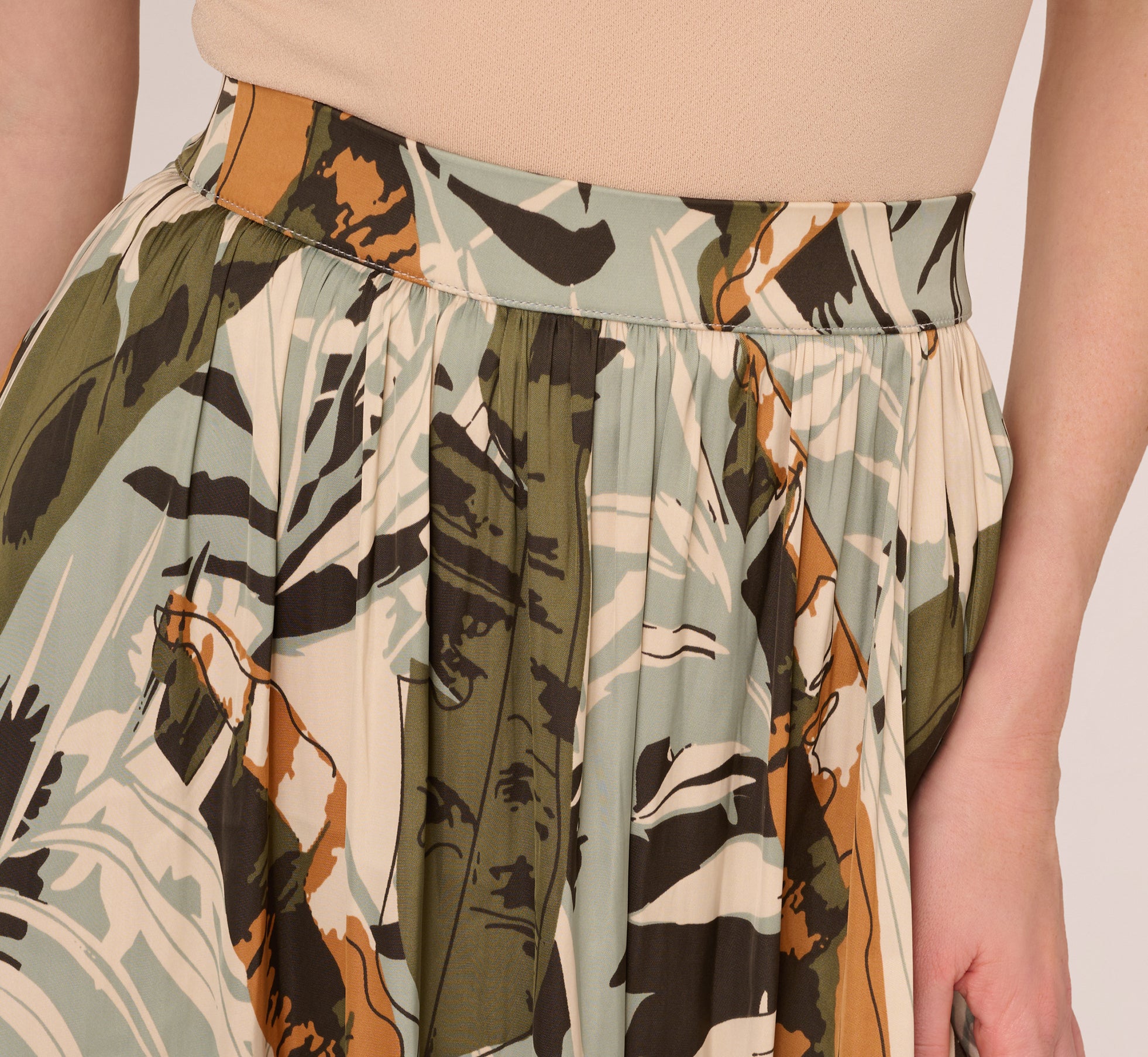 Printed Side Slit A Line Midi Skirt In Dusty Seamist Abstract Palm、mySite、solidvoid