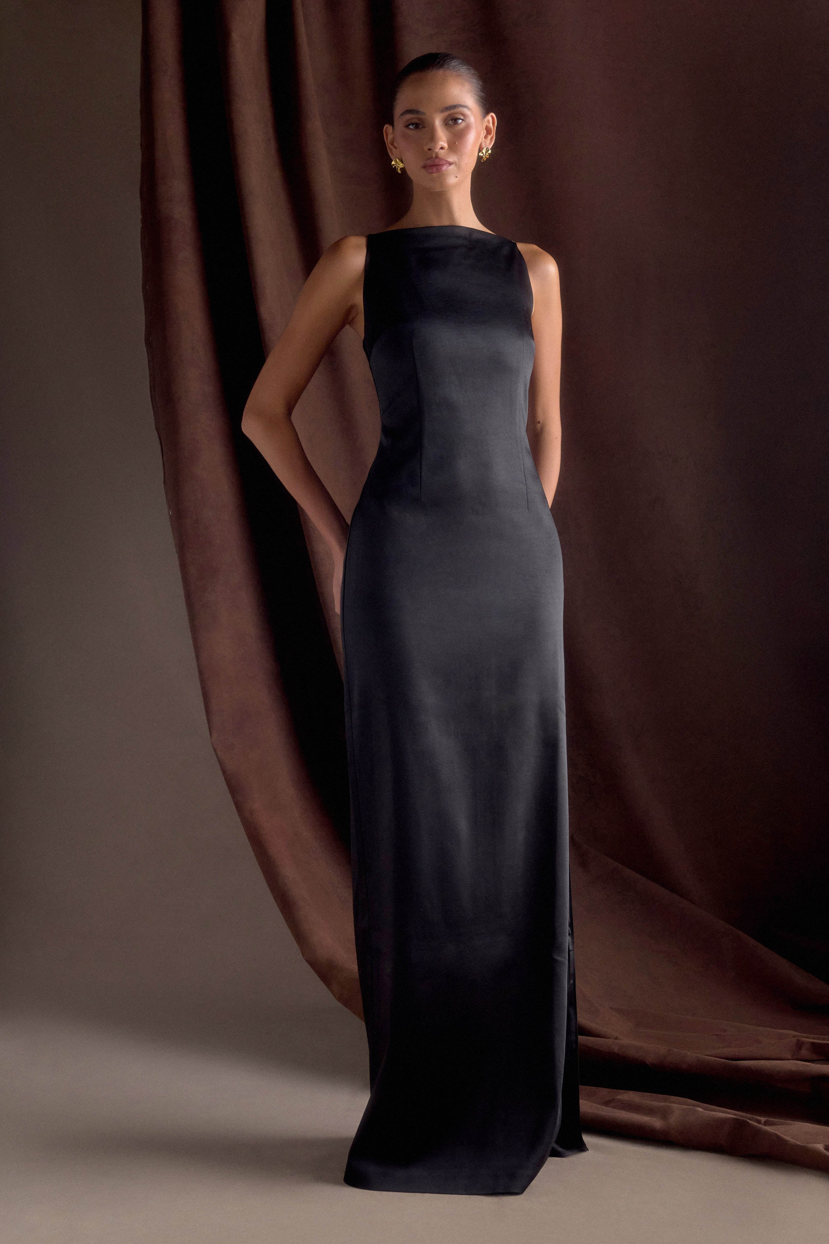 Violet Sleeveless Satin Maxi Dress - Black、mySite、solidvoid