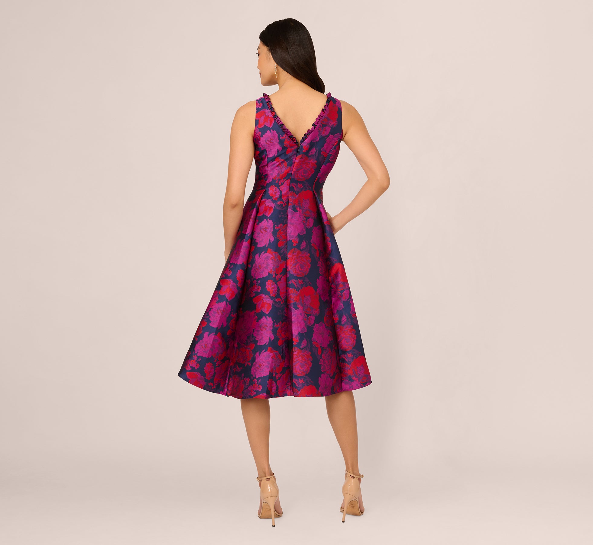 Sleeveless Floral Jacquard Midi Dress With High Low Skirt In Navy Multi、mySite、solidvoid