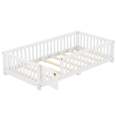 Twin Size Bed Floor Bed with Safety Guardrails and Door for Kids, Natural(Old SKU: W158090686)、、casual