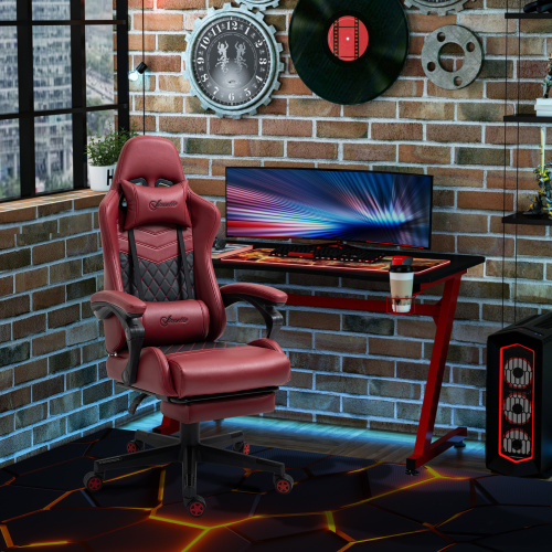 Vinsetto Racing Gaming Chair Diamond PU Leather Office Gamer Chair High Back Swivel Recliner with Footrest, Lumbar Support, Adjustable Height, Red、、casual