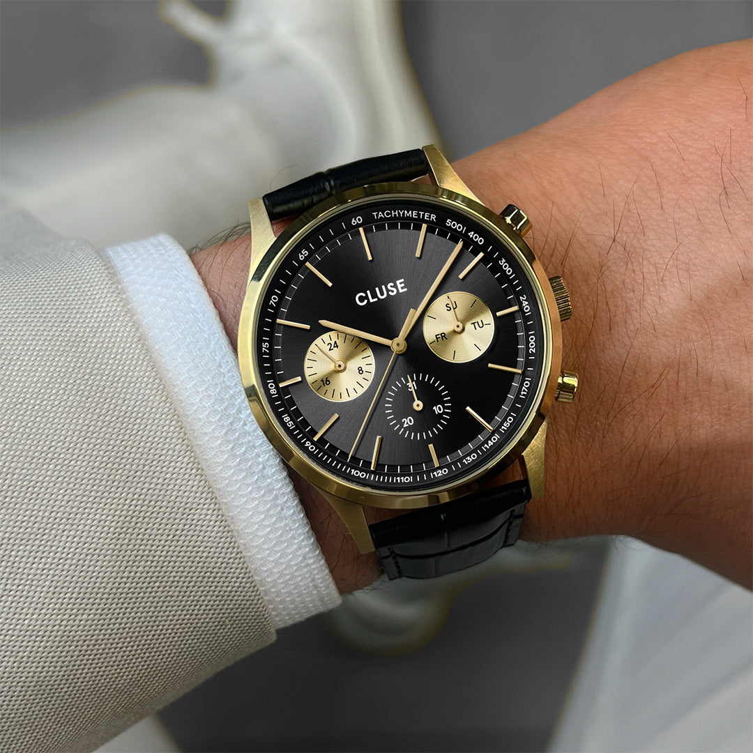 Anthéor Multifunction Watch Leather, Full Black, Gold Colour、mySite、botmansion